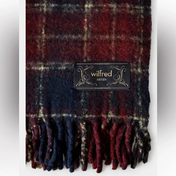 Aritzia Wilfred Twist Fringe Wool Blend Rectangular Warm Plaid Scarf One Size - Picture 4 of 10